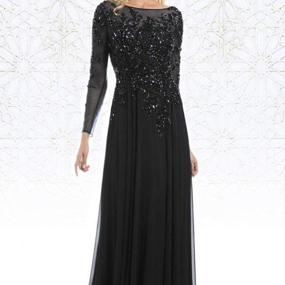 FerianiCouture Long Sleeve Beaded Illusion A-Line Evening Gown - Picture 1 of 6